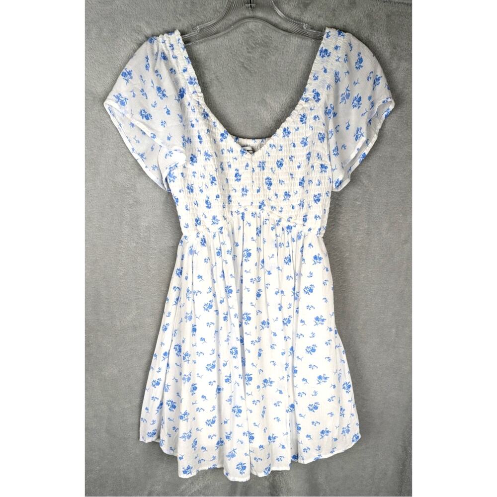 Hollister White Blue Smocked Skort Dress XS | Gauze Flutter Sl with Pockets EUC
